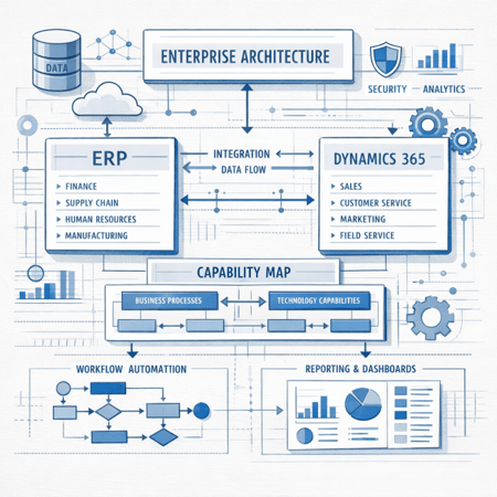 Abstract blueprintstyle illustration of an enterprise architecture diagram seamlessly connected to ERP and Dynamics 365 application blocks with proces