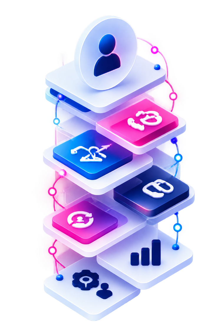 Gelaagde neon CRM-infographic met avatars