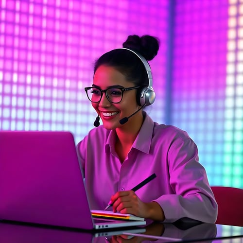 smiling-millennial-usa-female-employee-wireless-earphones-make-notes-watching-webinar-laptop