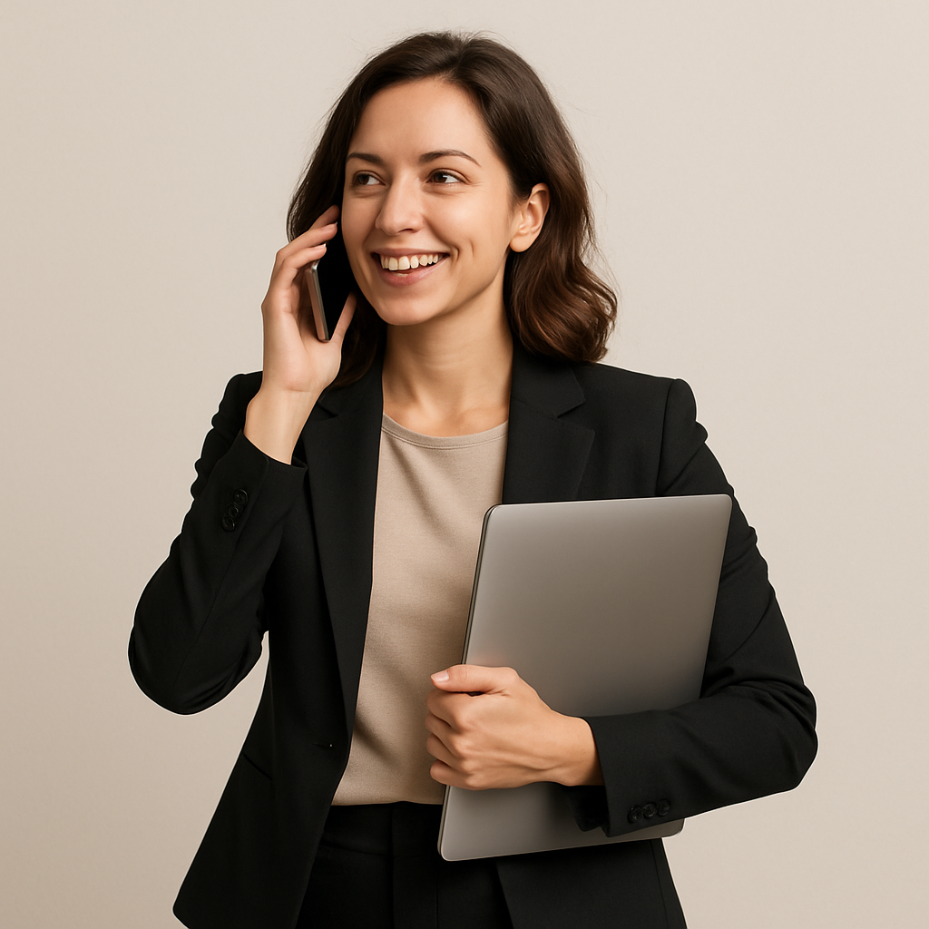 Causal business lady who holds a laptop and grabs a phone to get in contact