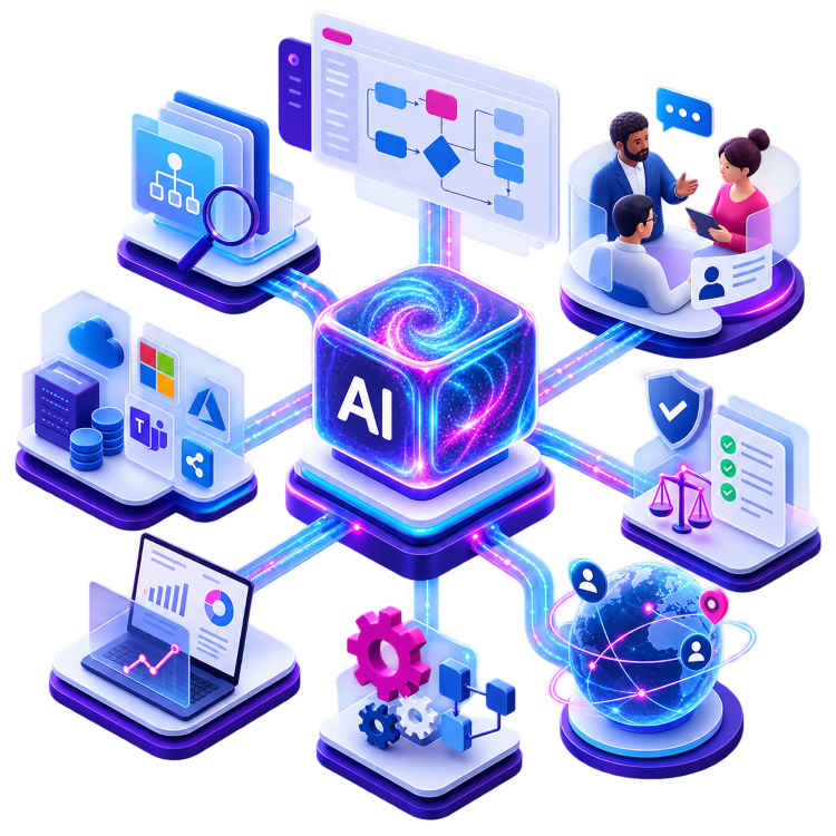 AI-integratiehub met verbonden bedrijfsmodules AI-integratiehub met verbonden bedrijfsmodules